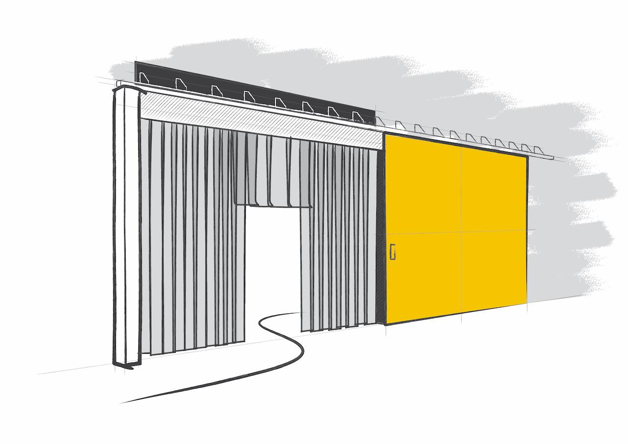 Croquis d’un bâtiment industriel avec façade en métal ondulé et une grande porte coulissante jaune sur la droite.