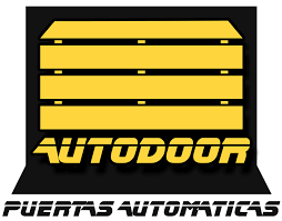 Logo Autodoor avec une porte automatique jaune stylisée sur fond noir et texte en jaune et blanc.
