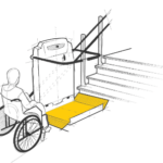 Un fauteuil roulant s’approche d’une plateforme élévatrice jaune située au bas d’un escalier.