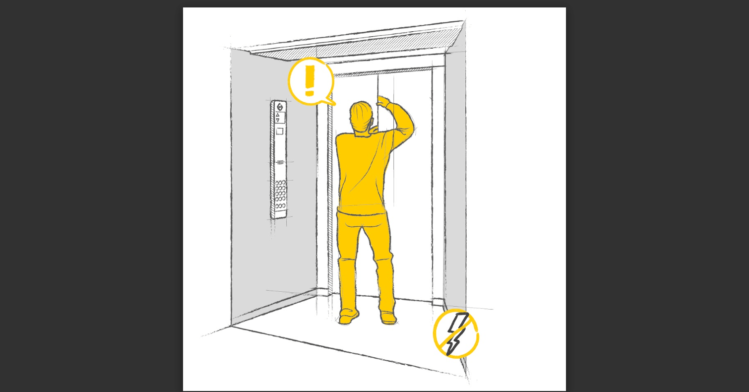 Illustration d'une personne frappant aux portes de l'ascenseur, car il semble être bloqué.