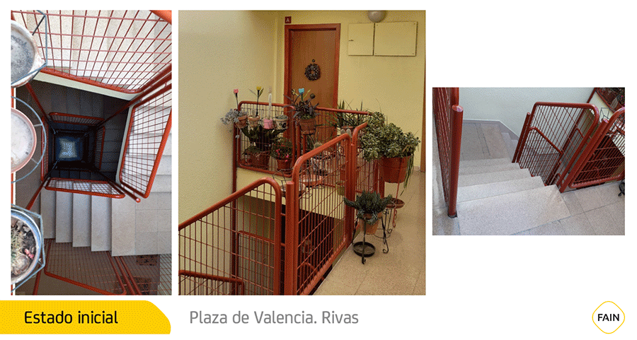 Exemple d'installation d'ascenseur à travers une cage d'escalier sur la Plaza de Valencia (Rivas)