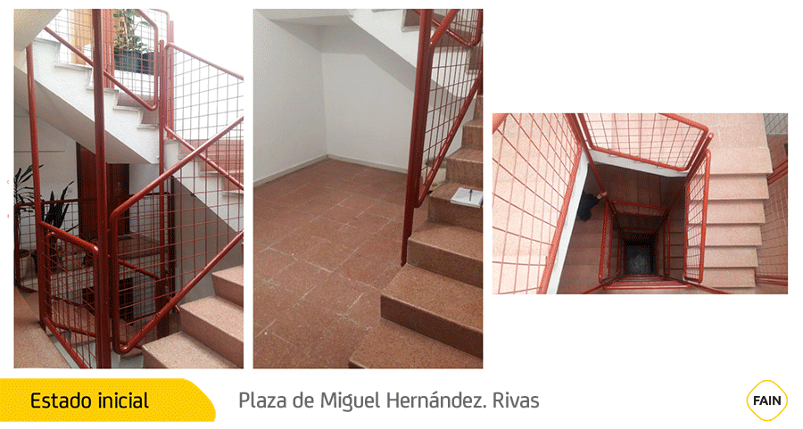 Exemple d'installation d'ascenseur à travers une cage d'escalier sur la Plaza de Miguel Hernández (Rivas)