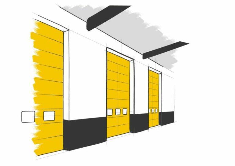 Vue de quatre portes industrielles jaunes avec des fenêtres rectangulaires, dans un bâtiment au design simple et professionnel.