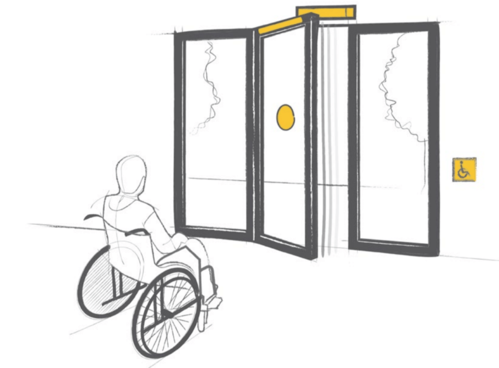 Illustration d'un homme en fauteuil roulant devant une porte battante
