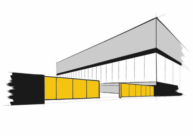 Croquis d’un bâtiment moderne avec des panneaux jaunes alignés, mettant en valeur un design architectural épuré.