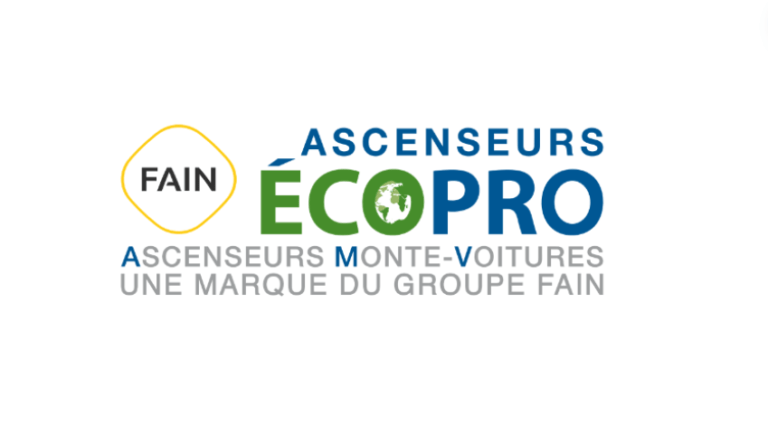 Logo du groupe FAIN mettant en avant l'innovation dans le domaine des ascenseurs écologiques et des monte-voitures avec des inscriptions en bleu, vert, jaune et gris.