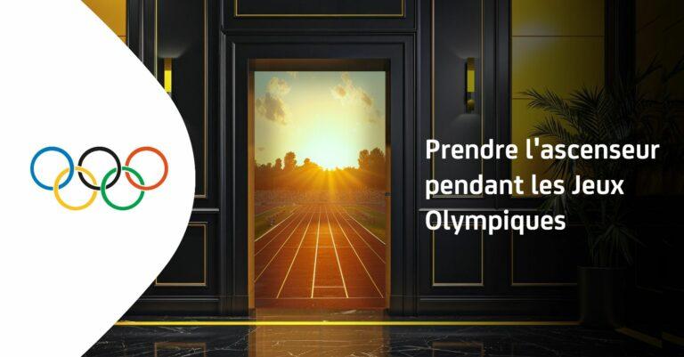 Vue d’un couloir d’ascenseur au design moderne, avec le logo olympique et un message promotionnel en français sur l'usage des ascenseurs durant les Jeux.