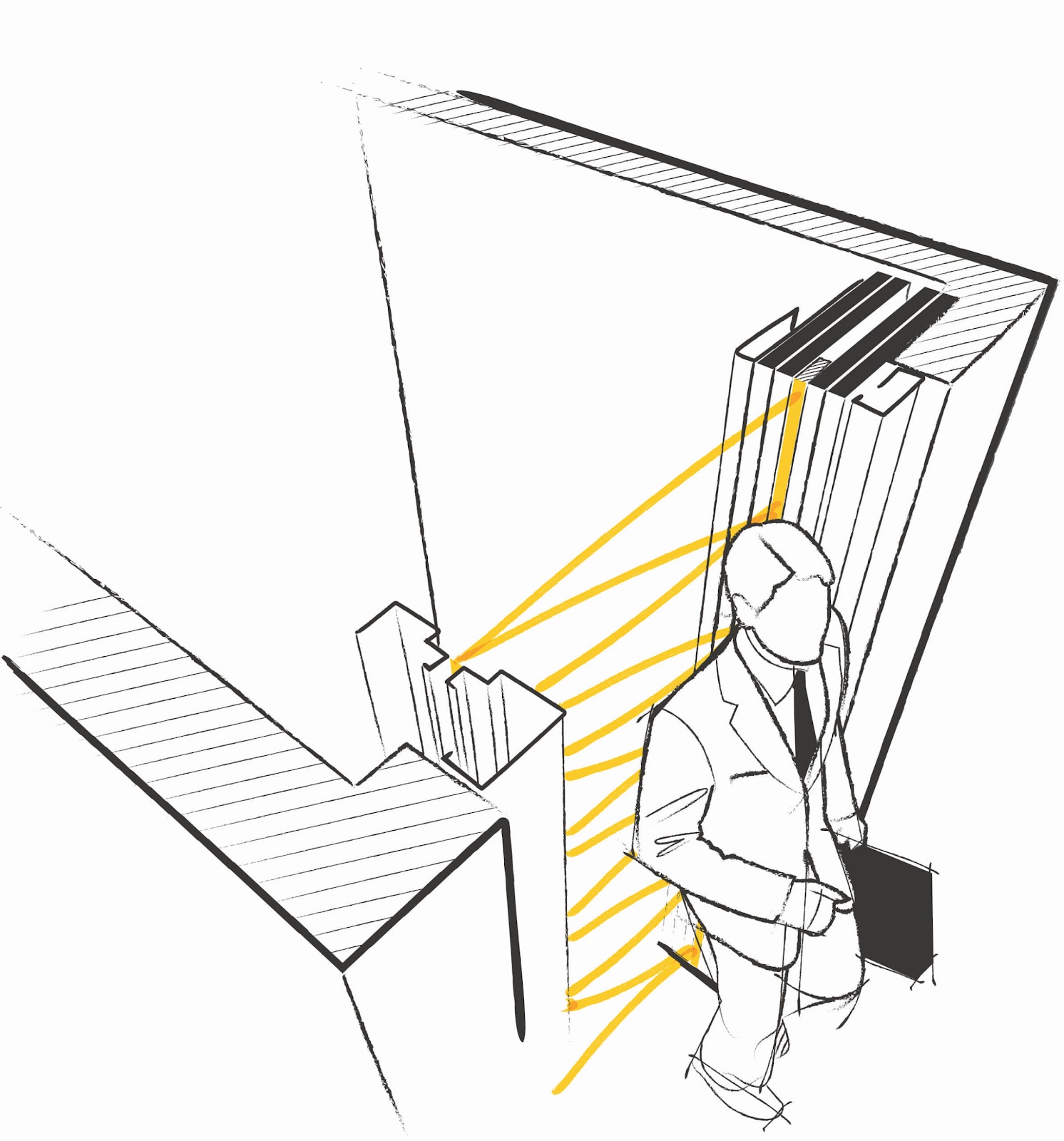 Dessin d'un homme sortant d'un ascenseur équipé de capteur.